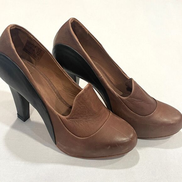 ~ Rare J SHOES 7.5 Castilla Leather Heels Pumps 4" Heel Dark Brown & Black High - Picture 1 of 16
